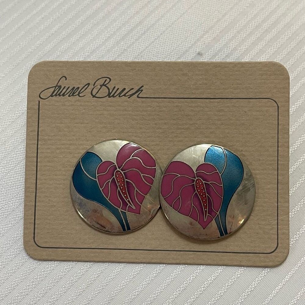 LAUREL BURCH Vintage Anthurium Flower Post Earrings Silvertone Teal Blue Purple